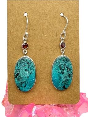 Shattuckite & Hessonite Garnet Earrings Solid 925 Sterling Silver